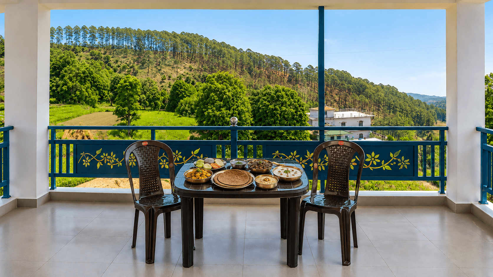 Home-cooked meal served on the balcony with hill views